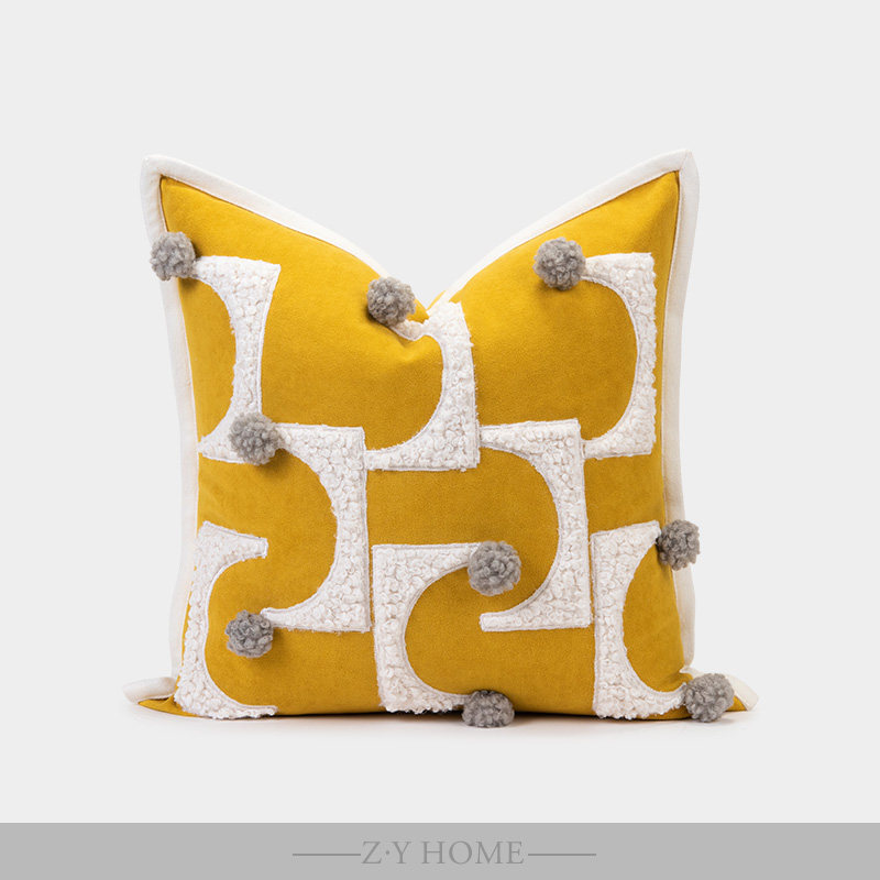 现代样板房靠垫可爱简约儿童房黄色绒布贴布绣毛毛球装饰童趣抱枕,居家布艺,靠垫/抱枕,淘宝优惠券,粉丝福利购,淘宝优惠卷