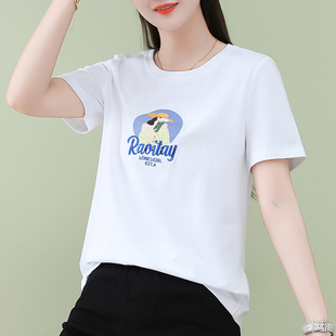 女装 品牌女t恤短袖 刺绣夏装 旗舰店2025新款 正肩圆领印花上衣 爆款