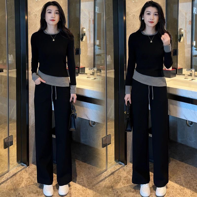 时尚休闲运动套装女2025春秋新款洋气显瘦假两件T恤阔腿裤两件套