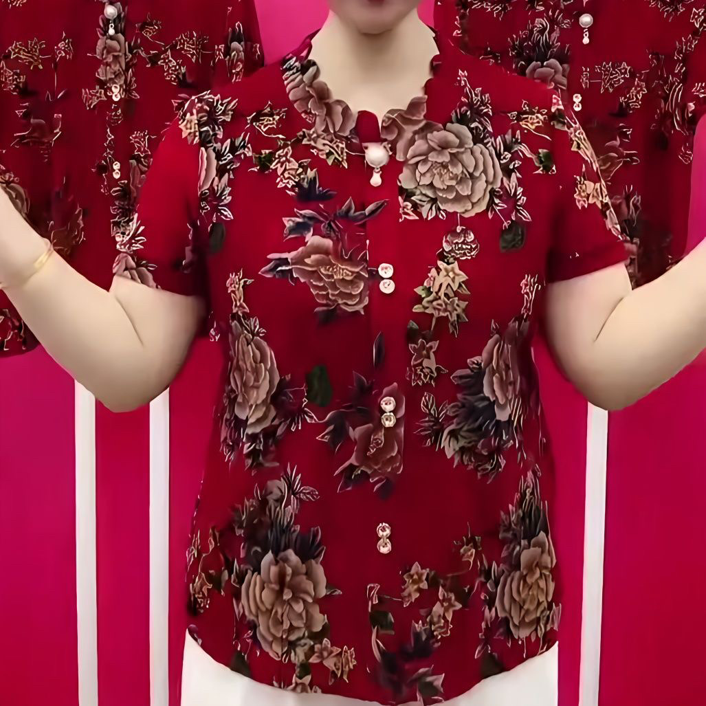 2025年夏季新款中国风印花时尚气质遮肚显瘦妈妈装大码中老年上衣