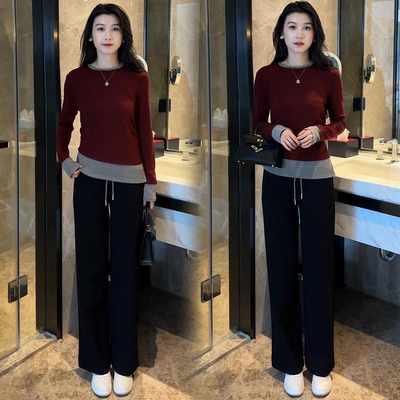 春装搭配一整套新款拼接长袖T恤女时尚休闲运动高腰阔腿裤两件套