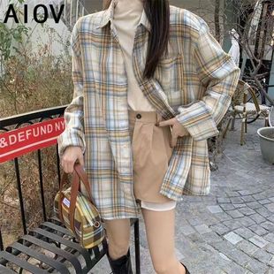 AIOV新款长袖磨毛格子衬衫女款秋冬季内搭宽松衬衫休闲百搭外套