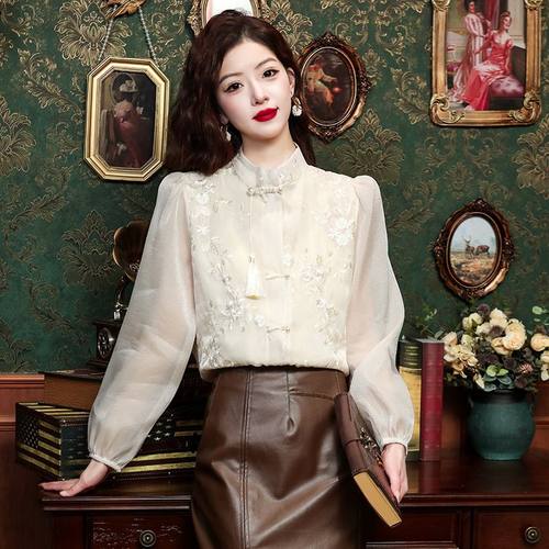新中式盘扣改良旗袍衬衫女2025春季新款复古国风小众刺绣长袖上衣