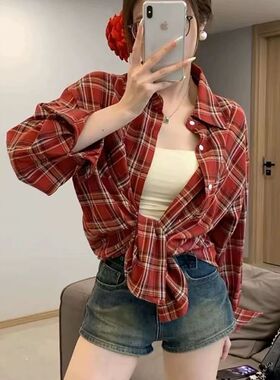 VERAF CA长袖宽松复古红色格纹衬衫女春秋大码百搭中长款休闲外套