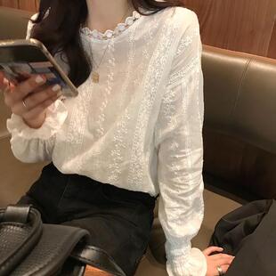 韩版chic蕾丝灯笼袖立领白衬衫女很仙的上衣2020春秋洋气套头小衫