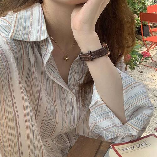 休闲气质条纹衬衫女外穿2023春夏季新款宽松薄款长袖慵懒风衬衣