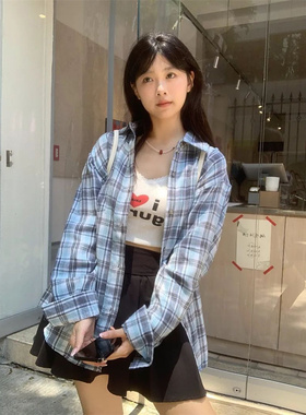 AMBER LIGHT复古蓝色格子衬衫女秋季长袖大码宽松衬衣防晒上衣潮
