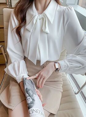 秋季白色长袖雪纺衫衬衫女装新款洋气泡泡袖上衣高档职业气质衬衣