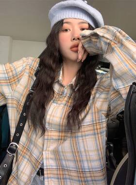 格瑞吉奥格子衬衫女春秋磨毛加厚宽松长袖打底学生休闲衬衣外套潮