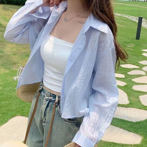 防晒衬衫女设计感小个子短款长袖薄外套夏季宽松百搭白色开衫上衣