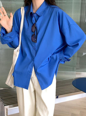 克莱因蓝衬衫女设计感小众韩系上衣秋冬深蓝色打底衫衬衣外套红色