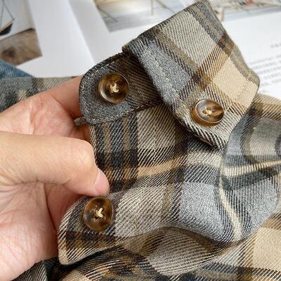 磨毛格子衬衫女设计感小众秋冬宽松复古港味内搭上衣长袖大码衬衣