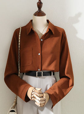 秋冬新款高级感磨毛叠穿长袖翻领衬衫女2024女装直筒单口袋上衣