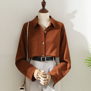 秋冬新款 翻领衬衫 女2024女装 直筒单口袋上衣 高级感磨毛叠穿长袖