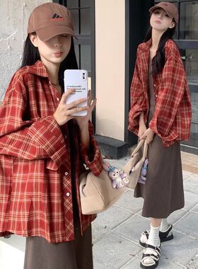 复古港味红色格子衬衫新款2024宽松休闲薄款防晒上衣长袖外套衬衣