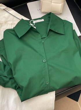 墨绿色纯色衬衫女2023春新款宽松长袖简约上衣气质百搭翻领衬衣女
