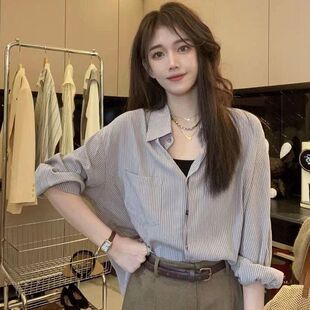 港风chic条纹衬衫 春夏韩系宽松休闲百搭防晒外穿上衣 女polo领长袖