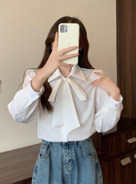 法式中长款蝴蝶结衬衫气质长袖白色通勤衬衣飘带设计新款职业上衣
