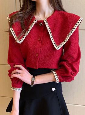 海军风娃娃领雪纺上衣女2024年春秋大翻领红色衬衫牛年本命年衣服