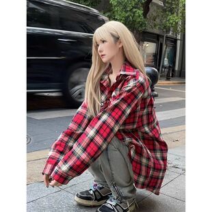 春季高街长袖格子衬衫女外穿胖mm大码女装韩版外套宽松衬衣上衣