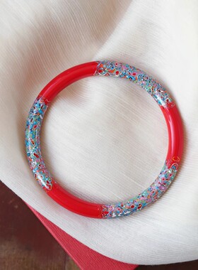 天然大漆三花朱砂珐琅工艺手镯女