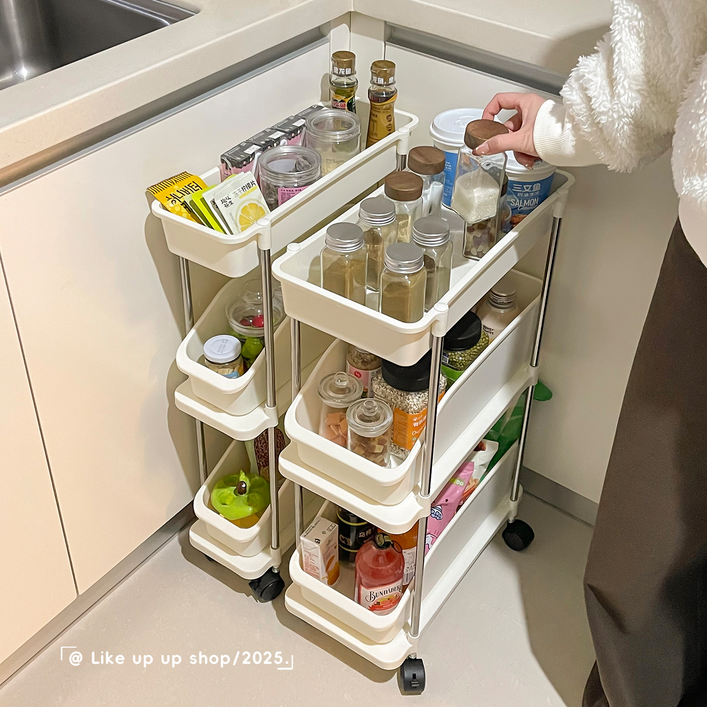 厨房夹缝置物架极窄缝隙收纳柜多层冰箱侧面抽拉柜果蔬调料小推车