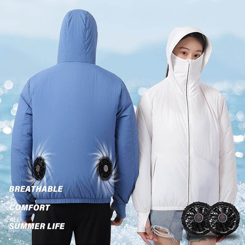 夏季连帽带风扇衣服降温工作服制冷钓鱼男女情侣服薄款空调服