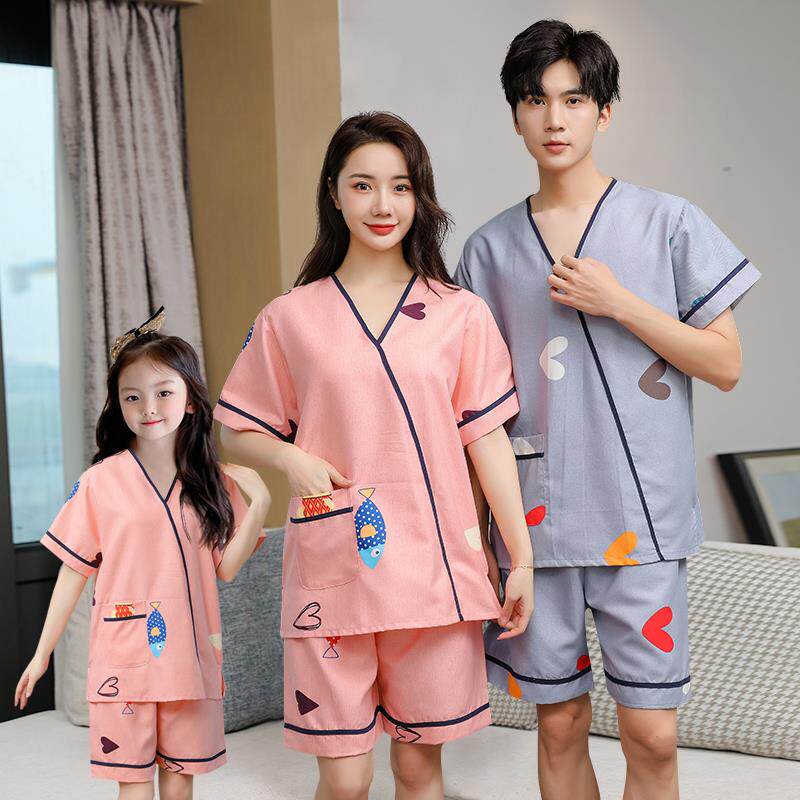 亲子汗蒸服胸部双层纯棉男中大童桑拿洗浴服女可爱小孩家居服情侣