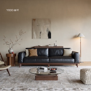 柚可家居云幔沙发进口柚木真皮沙发中古风家用原木沙发