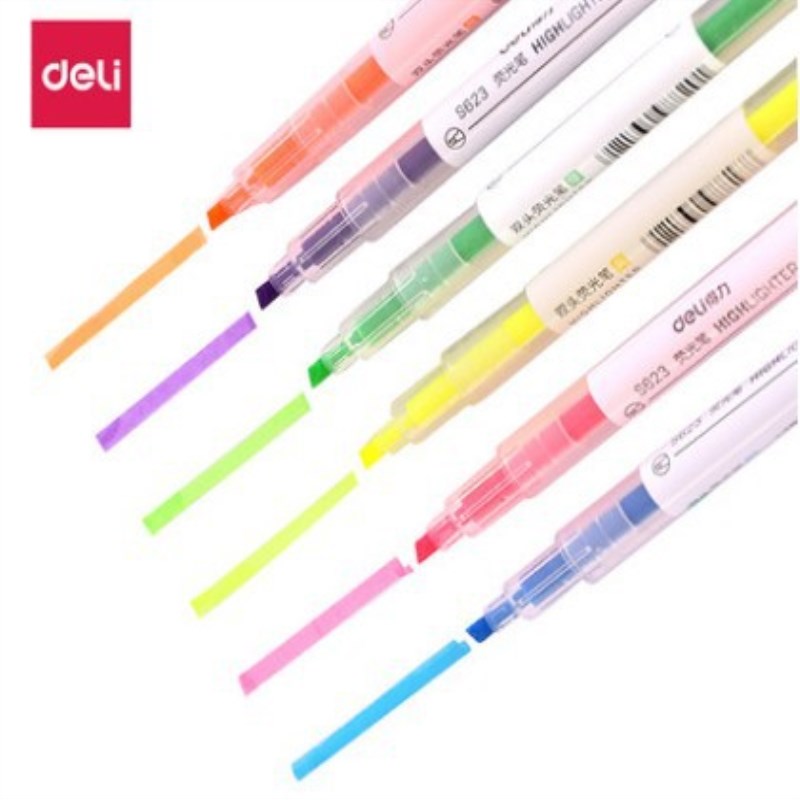 得力S627 6支套装双头荧光笔粉红橙黄绿蓝紫彩色粗细两头记号笔