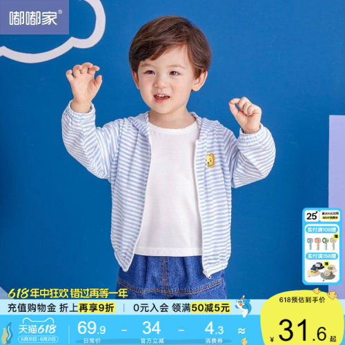 嘟嘟家儿童皮肤衣男童薄款外套女宝夏季轻薄透气条纹连帽拉链开衫