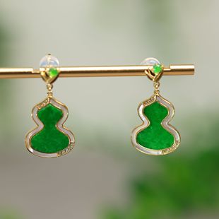 耳饰 18K金镶嵌满色辣绿缅甸天然A货翡翠葫芦耳坠时尚 J325