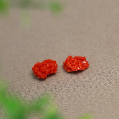 #J458 一对海底天然有机红宝雕花牡丹花戒面 镶嵌戒指耳钉裸石