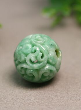 #9049果绿色天然A货老翡翠镂空雕花大圆珠子佛珠