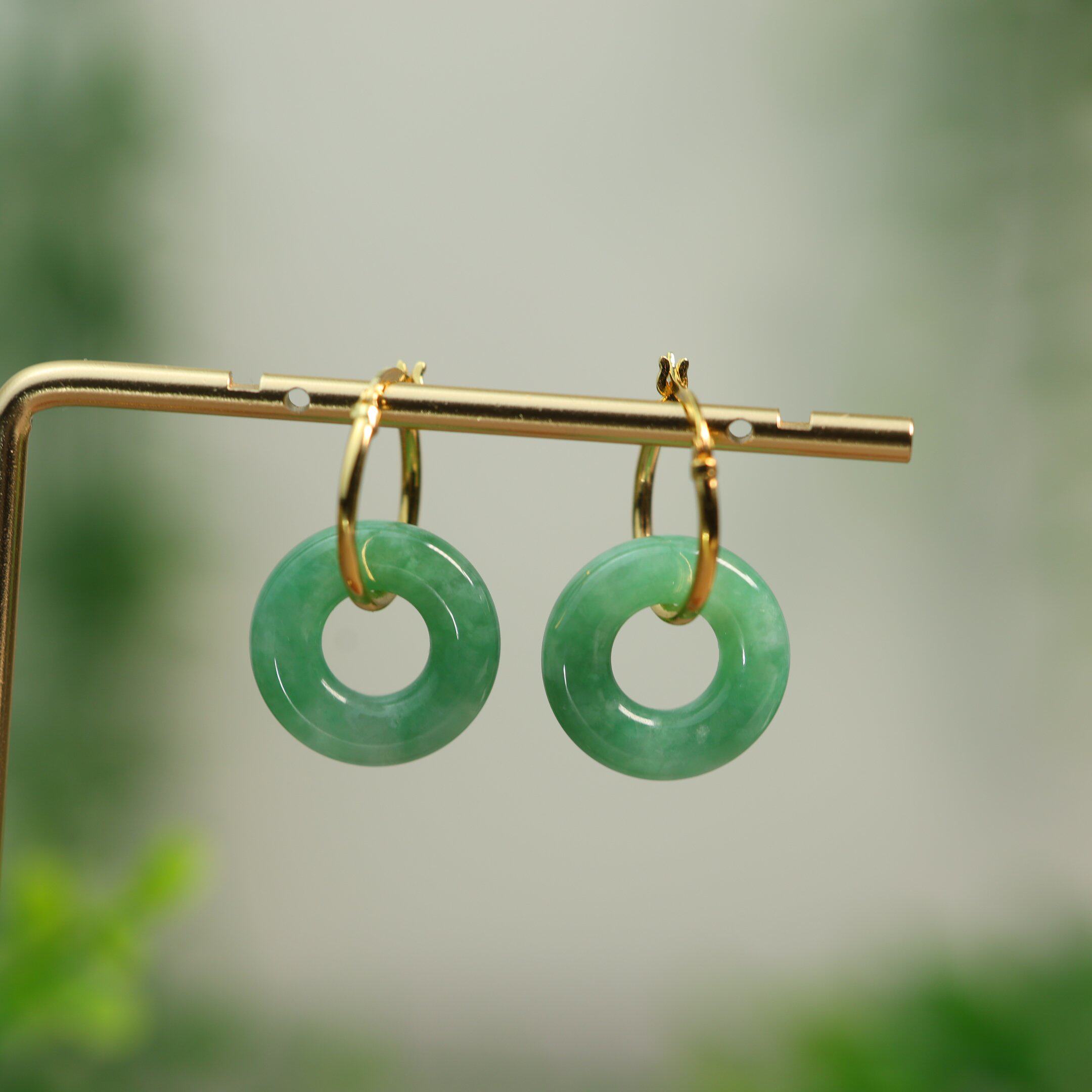 #N170 18K金圈冰绿缅甸天然A货翡翠小环耳坠耳扣款耳环