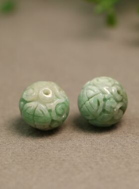 #D266一对绿色天然A货老翡翠团寿龙纹雕花圆形珠子