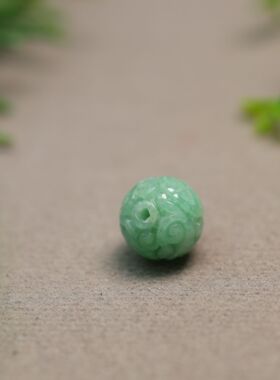 #I180糯底果绿色天然A货翡翠雕花珠子 13MM团寿龙纹圆珠佛珠