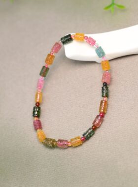 #L022多彩天然碧玺雕花龙纹桶珠手串手链