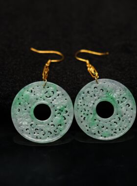 #D163 18K金镶嵌糯底飘阳绿天然A货翡翠雕花平安扣耳坠耳钩款