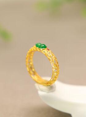 #I476 18K金花丝工艺镶嵌冰种满绿缅甸天然A货葫芦戒指女戒