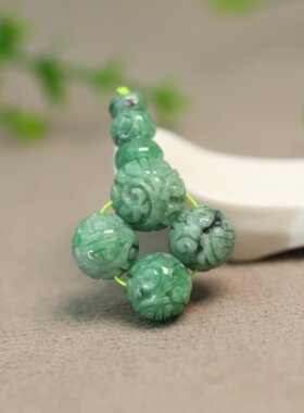 #M185 果绿色缅甸天然A货翡翠团寿龙纹雕花珠子三通佛头