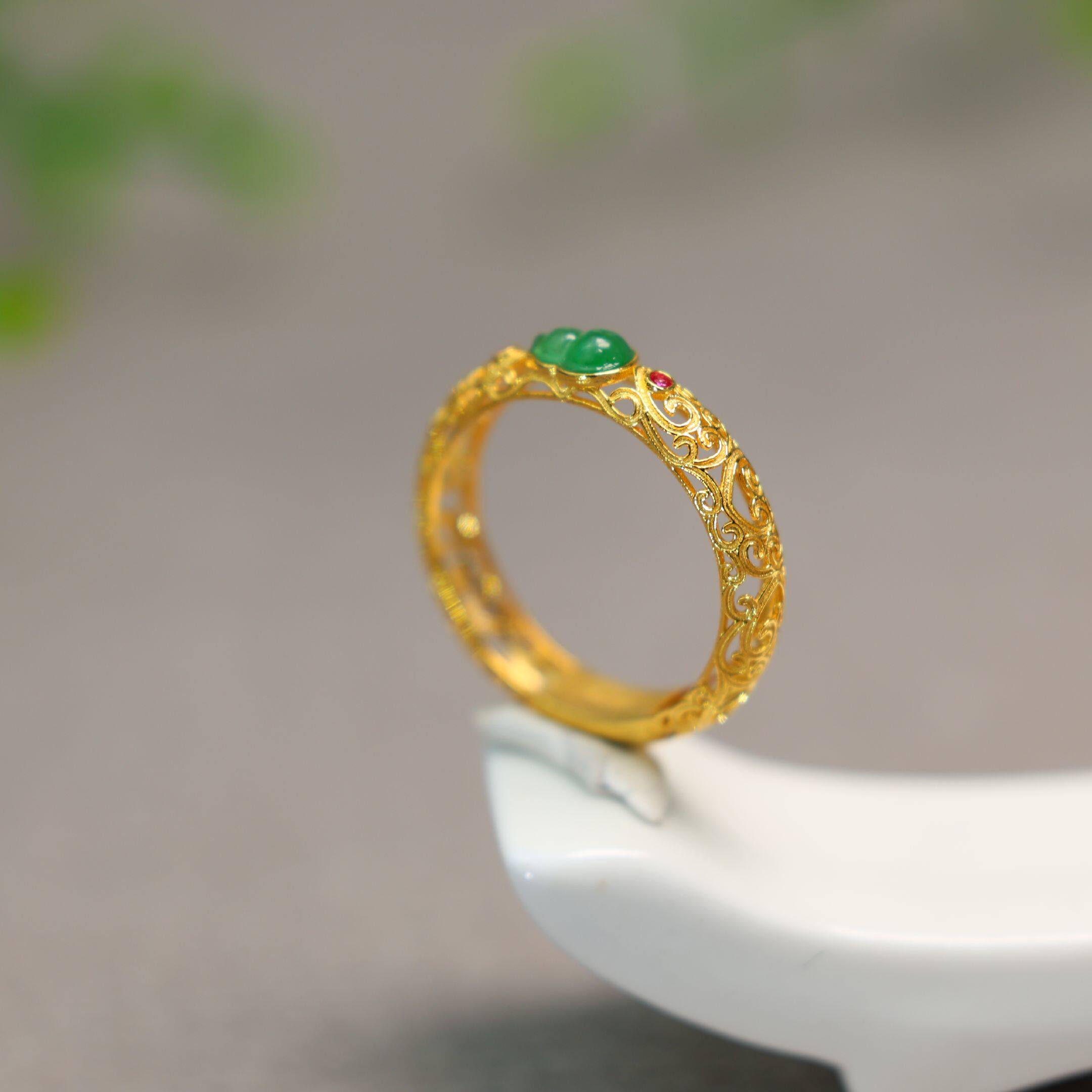#I558 18K金花丝工艺镶嵌老坑冰种满绿缅甸天然A货葫芦戒指女戒