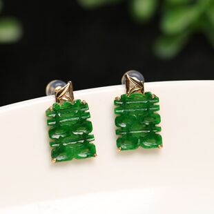 6098一对18K金镶嵌冰种满色辣绿天然A货翡翠镂空方形喜字耳钉