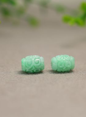 #K391一对糯种绿色缅甸天然A货翡翠雕花路路通桶珠鼓珠 DIY配件