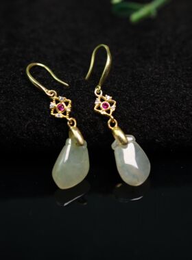 #F631 冰种天然A货翡翠福袋耳坠S925银镶嵌耳饰