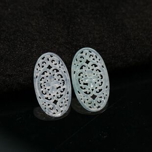 #5162一对老坑白色冰种天然A货翡翠椭圆形古风镂空雕花耳坠花片