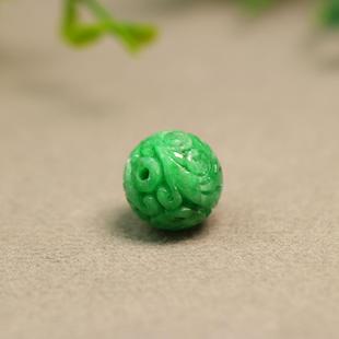 佛珠顶珠 14.5MM满色阳绿天然A货翡翠龙纹雕花圆珠子 F110
