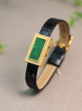 #K181满色辣绿缅甸天然A货翡翠方形无事手牌真皮手表表带