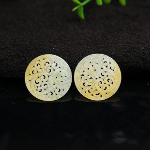 K452一对冰种黄翡缅甸天然A货翡翠镂空雕花圆形耳坠花片裸石