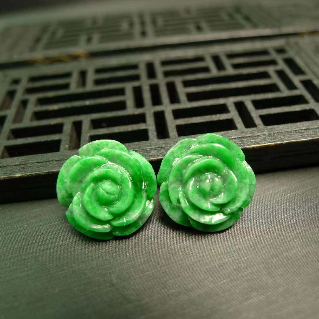 #6791 一对满绿天然A货翡翠玫瑰花花朵戒面 可镶嵌戒指耳钉